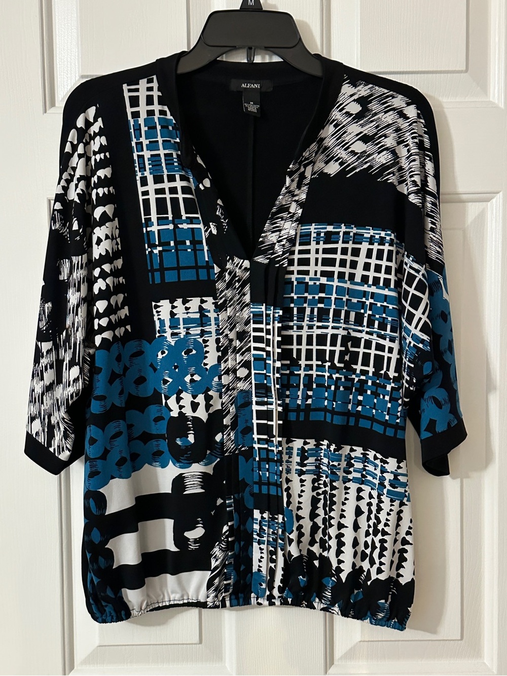 Alfani Black, White & Teal Abstract Print Top